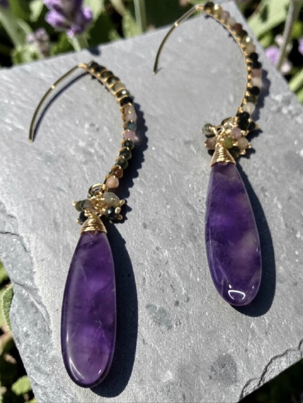 18k Gold Plated Amethyst Crystal Beaded Dangle Drop Earrings